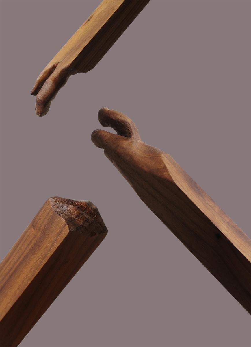 Geerten Verheus, Dreikreuze, 2026, Wood, 3- part piece, each 72 x 72 x 80 cm (Detail). Courtesy the artist and Galerie Nothelfer