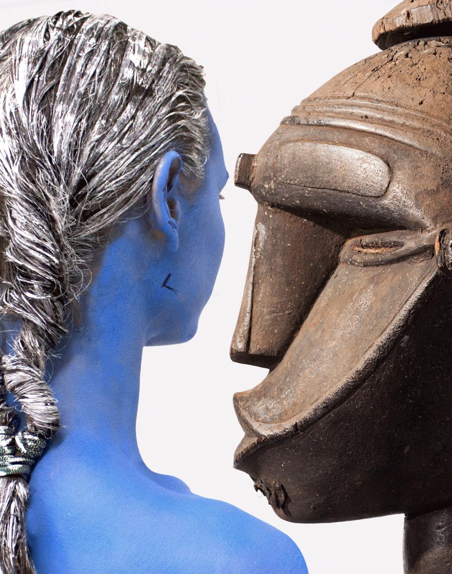 Left: © Donna Huanca Right: Unknown artist, Igbo (Nigeria, early 20th century or earlier) Male Ogbom Headdress - Photo: Andrea Rossetti Courtesy Peres Projects, Berlin