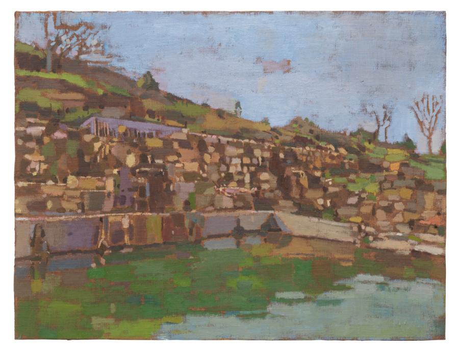 Fatma Shanan, Figure and Stones, 2023, Oil on linen on wood, 30 x 40 cm, Unique, photo: Jens Ziehe, courtesy the artist and DITTRICH & SCHLECHTRIEM, Berlin 