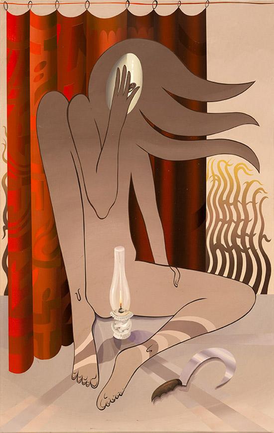 Igor Hosnedl Sickle and lamp, 2020 Handmade pigments in glue on canvas 220 x 140 cm courtesy Galerie EIGEN + ART Leipzig/Berlin Photo: Otto Felber, Berlin