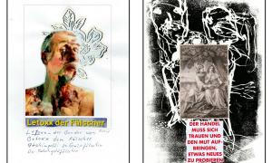 Albert Markert: Künst, 1979-2020  Wall installation 180x500 cm ab. 240 Text-Picture-Collages each 20x28,7 cm