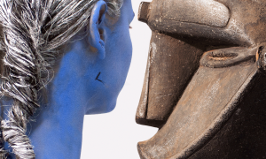 Left: © Donna Huanca Right: Unknown artist, Igbo (Nigeria, early 20th century or earlier) Male Ogbom Headdress - Photo: Andrea Rossetti Courtesy Peres Projects, Berlin