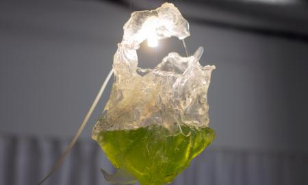 Cammack Lindsey: Wem gehört die Welt?, 2023, sound installation, PCB, hydrophone, Microcystis aeruginosa, water samples from Müggelsee, epoxy/ thermoplastic containers, vinyl map, photo: courtesy of Le CCINQ & Miguel Pazó