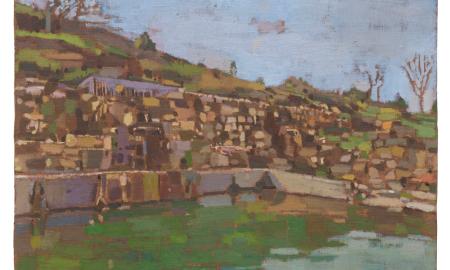 Fatma Shanan, Figure and Stones, 2023, Oil on linen on wood, 30 x 40 cm, Unique, photo: Jens Ziehe, courtesy the artist and DITTRICH & SCHLECHTRIEM, Berlin 